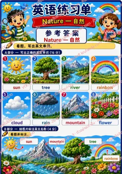 เฉลยใบงานภาษาอังกฤษ Nature ป.1-3 คำสั่งภาษาจีน - ดูภาพแล้วเขียนคำศัพท์ sun tree river rainbow และเติมป้ายชื่อในภาพทิวทัศน์ พร้อมเฉลย
