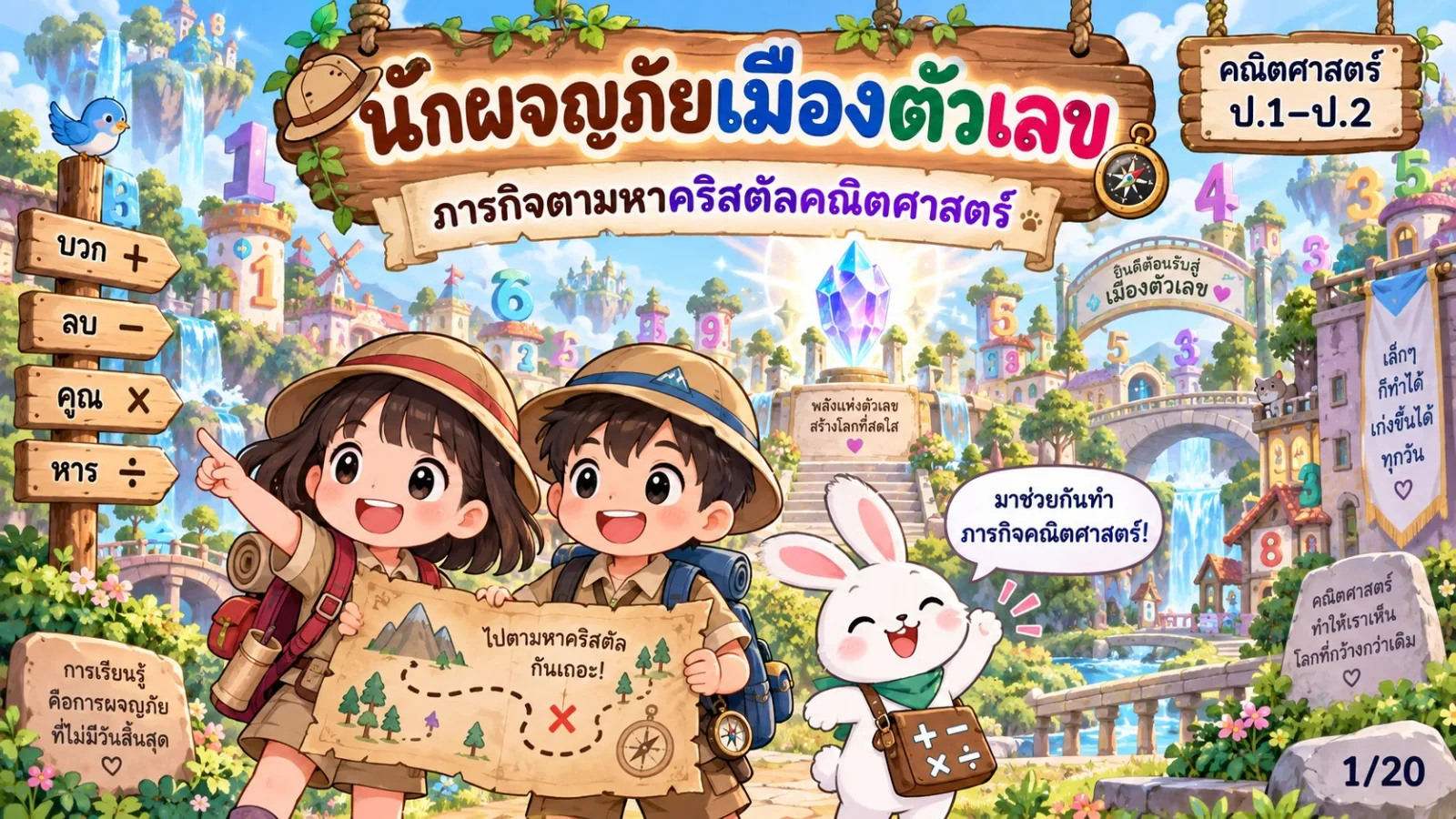 รูปหน้าปกของ สื่อการสอนคณิตศาสตร์ นักผจญภัยเมืองตัวเลข: เปรียบเทียบ บวก และลบ ระดับ ป.1-ป.3