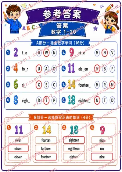 เฉลยใบงานภาษาอังกฤษ Numbers 1-20 ป.1-3 คำสั่งภาษาจีน - เติมตัวอักษรในคำศัพท์ตัวเลขและเลือกคำที่สะกดถูก พร้อมเฉลย