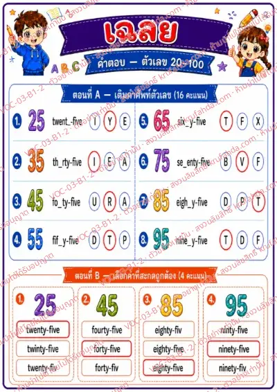 เฉลยใบงานภาษาอังกฤษ Numbers 20-100 ป.1-3 คำสั่งภาษาไทย - เติมตัวอักษรในคำศัพท์ตัวเลขและเลือกคำที่สะกดถูก พร้อมเฉลย