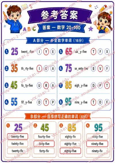 เฉลยใบงานภาษาอังกฤษ Numbers 20-100 ป.1-3 คำสั่งภาษาจีน - เติมตัวอักษรในคำศัพท์ตัวเลขและเลือกคำที่สะกดถูก พร้อมเฉลย