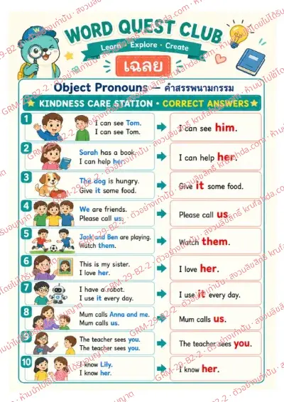 เฉลยใบงานภาษาอังกฤษ Object Pronouns ป.4-6 คำสั่งภาษาไทย - ดูภาพแล้วเติม him her it us หรือ them ลงในช่องว่าง พร้อมเฉลย