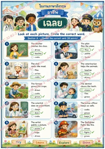 เฉลยใบงานภาษาอังกฤษ Occupations ป.4-6 คำสั่งภาษาไทย - อ่านประโยคแล้ววงกลมคำกริยาของแต่ละอาชีพให้ถูกต้อง พร้อมเฉลย