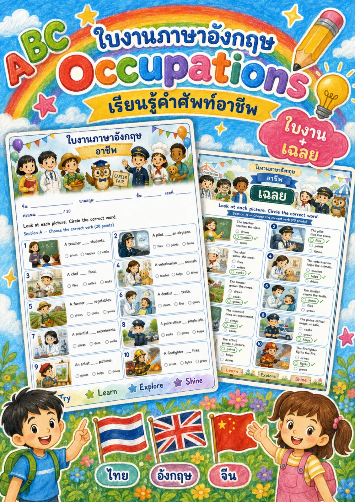 รูปหน้าปกของ ใบงานอาชีพ อ่านประโยคแล้ววงกลมคำกริยาของแต่ละอาชีพให้ถูกต้อง ระดับ ป.4–ป.6