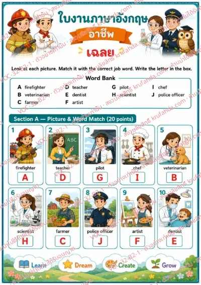 เฉลยใบงานภาษาอังกฤษ Occupations ป.4-6 คำสั่งภาษาไทย - ดูภาพแล้วจับคู่กับคำศัพท์อาชีพในคลังคำให้ถูกต้อง พร้อมเฉลย