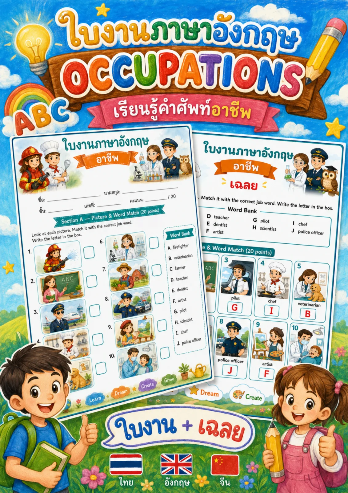 รูปหน้าปกของ ใบงานอาชีพ ดูภาพแล้วจับคู่กับคำศัพท์อาชีพในคลังคำให้ถูกต้อง ระดับ ป.4–ป.6