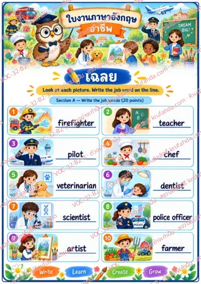 เฉลยใบงานภาษาอังกฤษ Occupations ป.4-6 คำสั่งภาษาไทย - ดูภาพแล้วเขียนคำศัพท์อาชีพเป็นภาษาอังกฤษ พร้อมเฉลย
