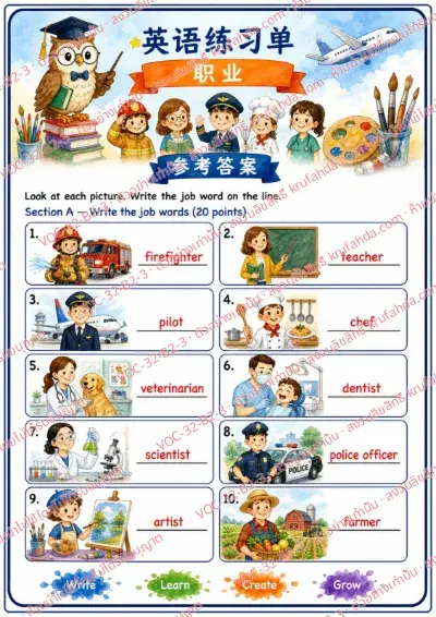 เฉลยใบงานภาษาอังกฤษ Occupations ป.4-6 คำสั่งภาษาจีน - ดูภาพแล้วเขียนคำศัพท์อาชีพเป็นภาษาอังกฤษ พร้อมเฉลย