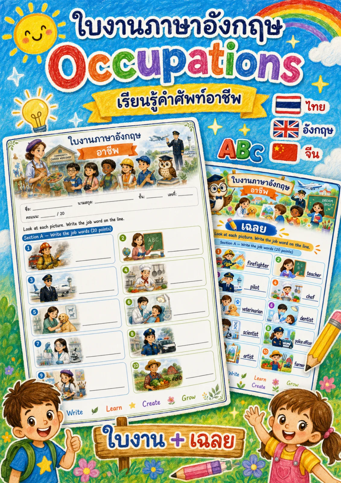 รูปหน้าปกของ ใบงานอาชีพ ดูภาพแล้วเขียนคำศัพท์อาชีพเป็นภาษาอังกฤษ ระดับ ป.4–ป.6