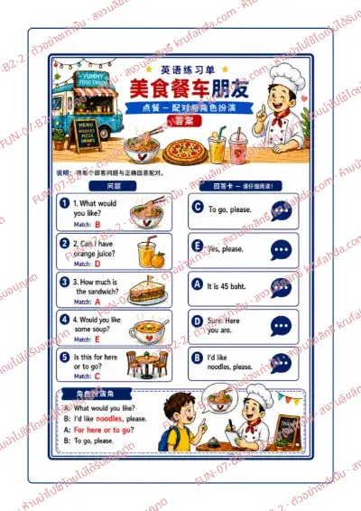 เฉลยใบงานภาษาอังกฤษ Ordering food ป.4-6 คำสั่งภาษาจีน - จับคู่คำถามลูกค้ากับคำตอบที่ถูกต้อง พร้อมเฉลย