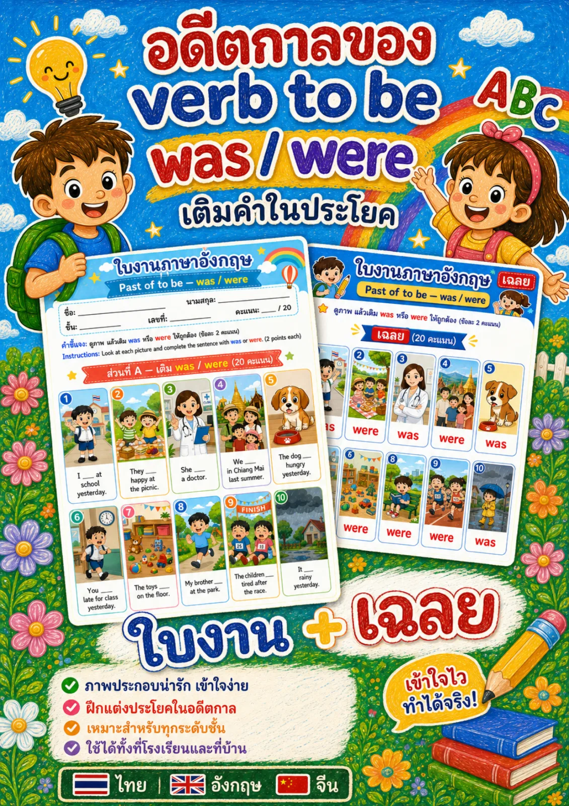 รูปหน้าปกของ ใบงานกริยาช่วย was were ดูภาพแล้วเติม was หรือ were ลงในประโยคให้ถูกต้อง ระดับ ป.4–ป.6