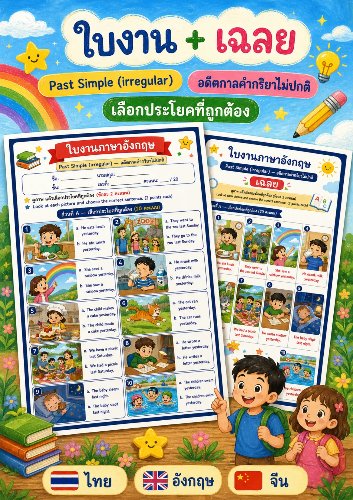 รูปหน้าปกของ ใบงานPast Simple คำกริยาไม่ปกติ ดูภาพแล้วเลือกประโยคที่ถูกต้อง ระดับ ป.4–ป.6