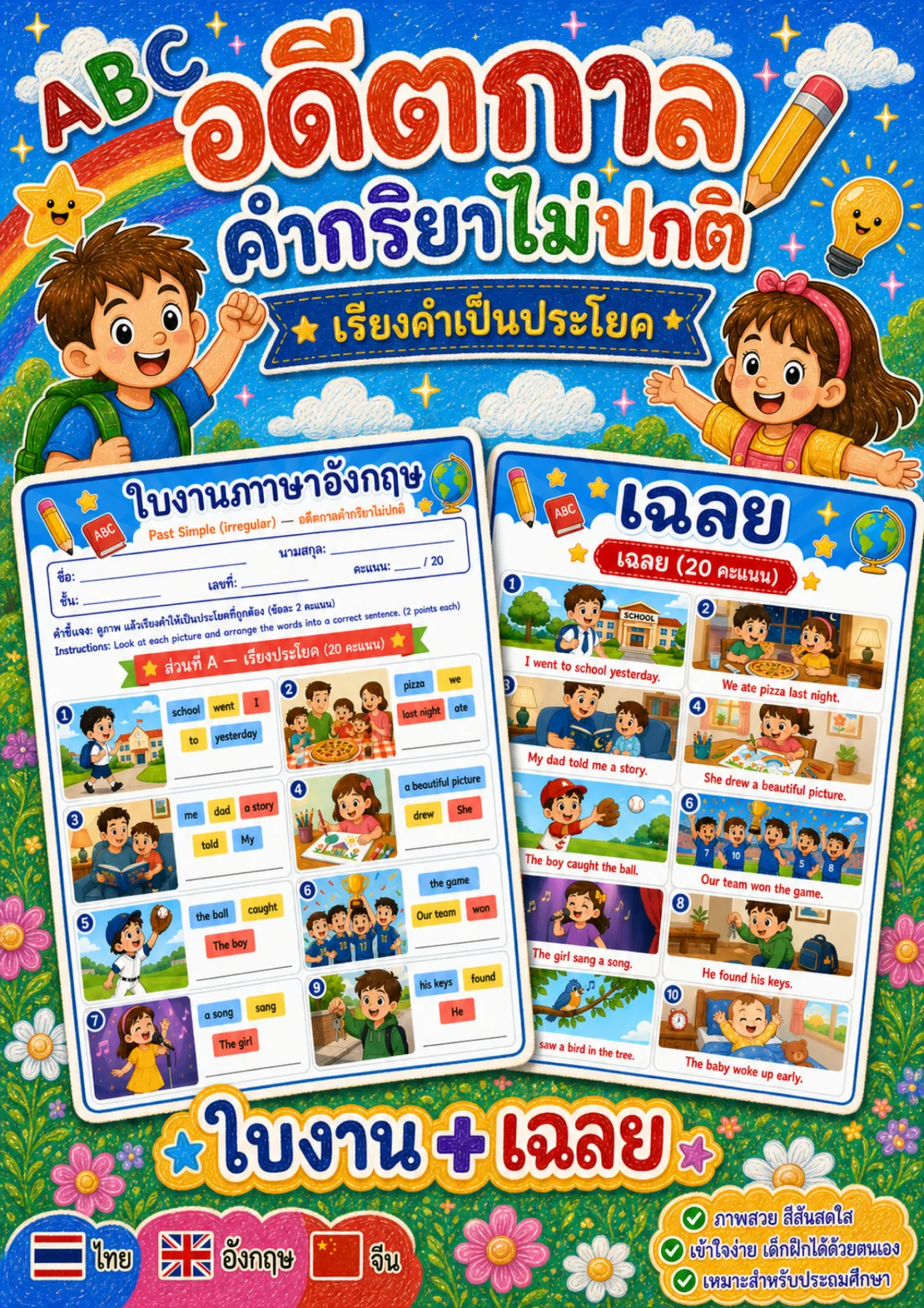 รูปหน้าปกของ ใบงานPast Simple คำกริยาไม่ปกติ ดูภาพแล้วเรียงคำให้เป็นประโยคที่ถูกต้อง ระดับ ป.4–ป.6