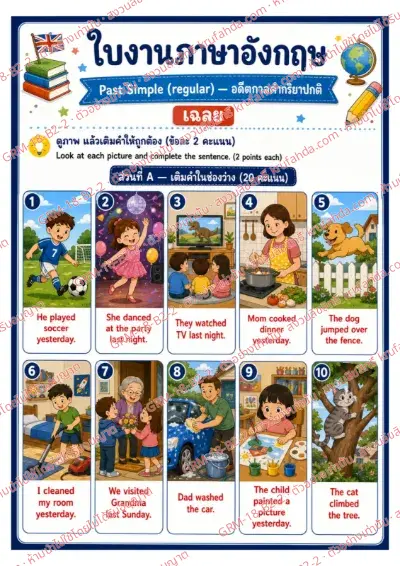 เฉลยใบงานภาษาอังกฤษ Past Simple regular ป.4-6 คำสั่งภาษาไทย - ดูภาพแล้วเติมคำให้ถูกต้อง พร้อมเฉลย