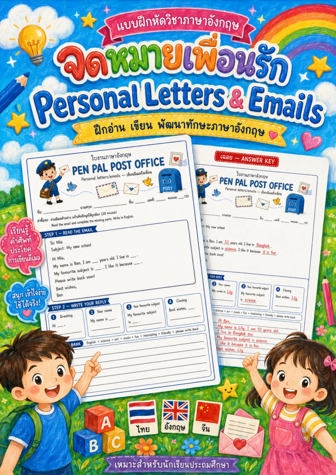 รูปหน้าปกของ ใบงานการเขียนจดหมายและอีเมล อ่านอีเมลตัวอย่าง เติมข้อมูลที่หายไป แล้วเขียนอีเมลตอบกลับถึงเพื่อน ระดับ ป.4–ป.6