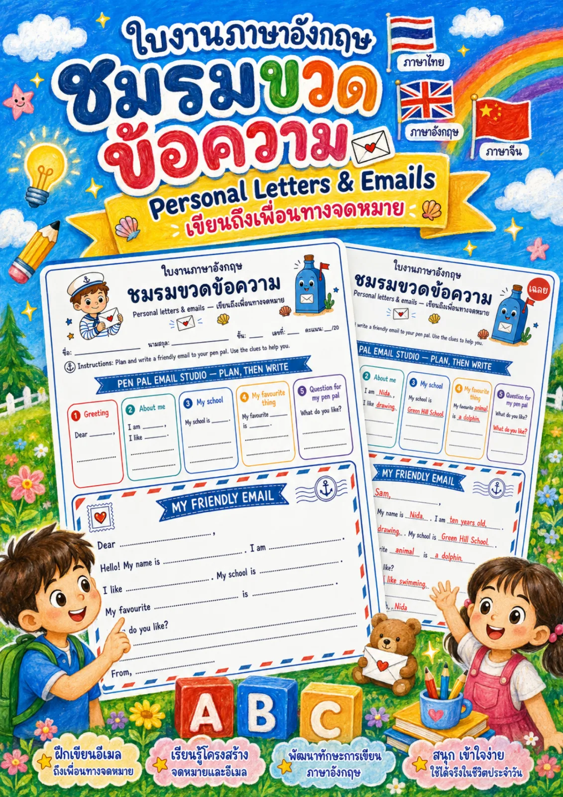 รูปหน้าปกของ ใบงานการเขียนจดหมายและอีเมล วางแผน 5 หัวข้อ แล้วเขียนอีเมลถึงเพื่อนต่างแดนตามคำขึ้นต้นประโยคที่ให้ ระดับ ป.4–ป.6