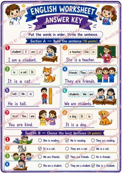 เฉลยใบงานภาษาอังกฤษ Personal Pronouns ป.1-3 คำสั่งภาษาอังกฤษ - เรียงคำให้เป็นประโยคที่ถูกต้องแล้วเขียนประโยค พร้อมเฉลย