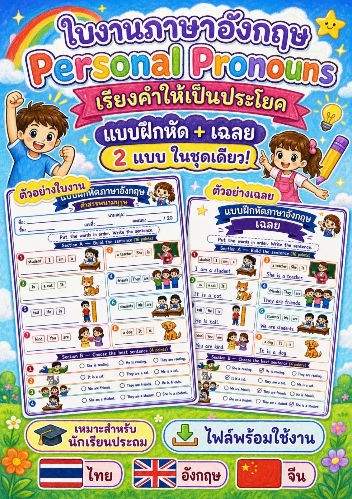 รูปหน้าปกของ ใบงานไวยากรณ์คำสรรพนามบุรุษ เรียงคำให้เป็นประโยคที่ถูกต้องแล้วเขียนประโยค ระดับ ป.1–ป.3