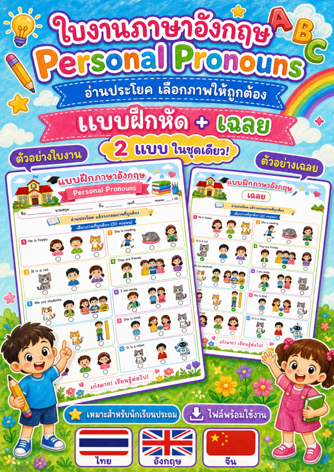 รูปหน้าปกของ ใบงานไวยากรณ์คำสรรพนามบุรุษ อ่านประโยคแล้ววงกลมภาพที่ถูกต้อง ระดับ ป.1–ป.3
