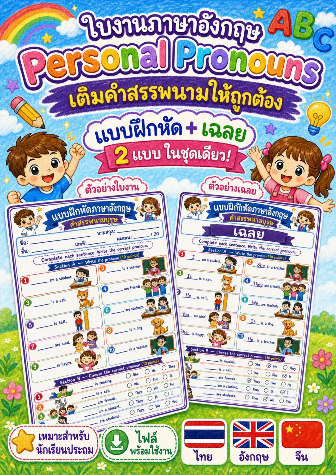 รูปหน้าปกของ ใบงานไวยากรณ์คำสรรพนามบุรุษ เติมคำสรรพนามที่ถูกต้องลงในประโยค ระดับ ป.1–ป.3