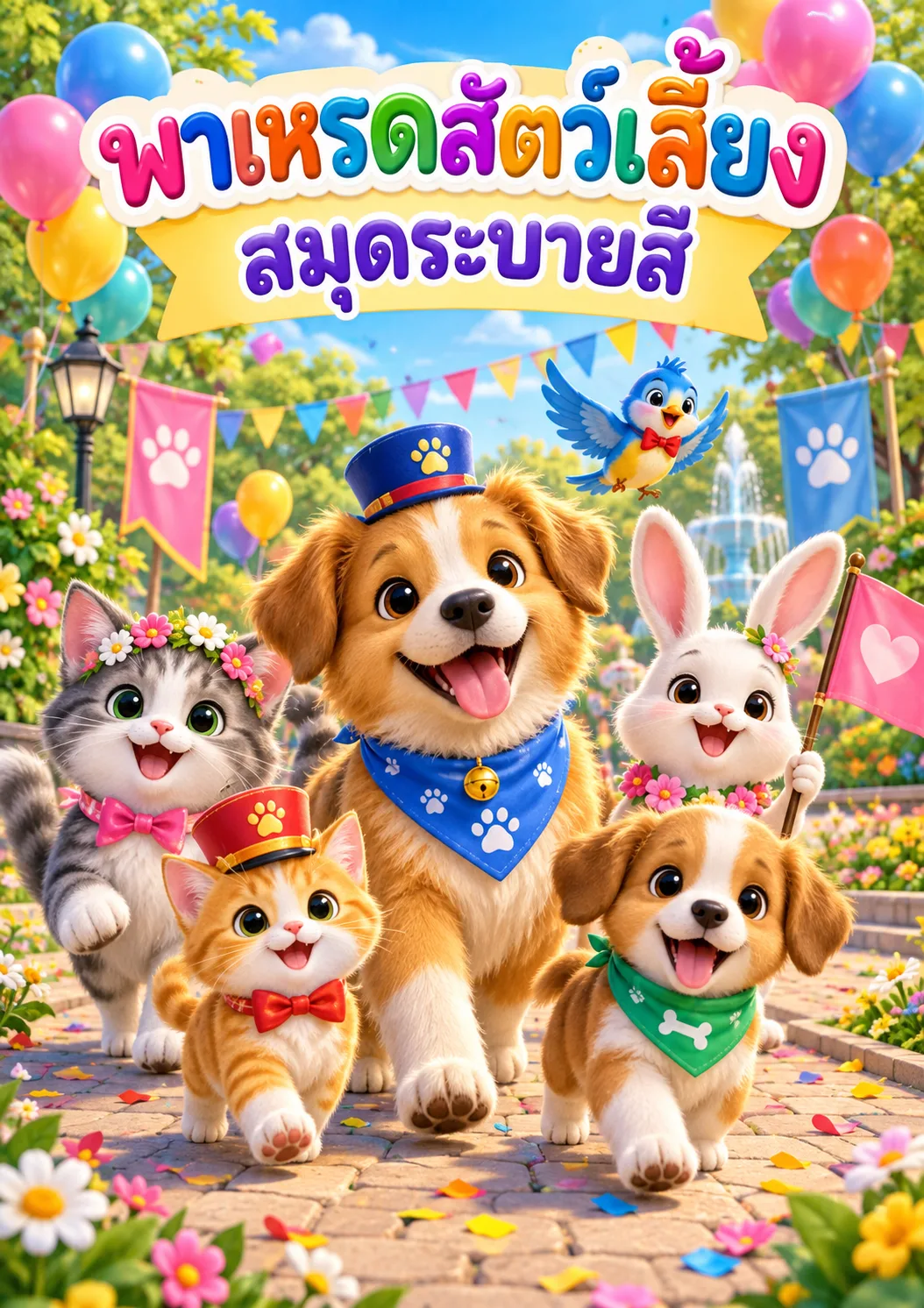 รูปหน้าปกของ สมุดระบายสีพาเหรดสัตว์เลี้ยง 30 หน้า ระดับ ป.1-ป.3