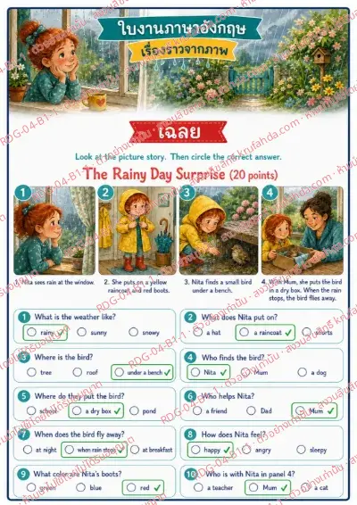 เฉลยใบงานภาษาอังกฤษ Picture Stories ป.1-3 คำสั่งภาษาไทย - ดูเรื่องจากภาพแล้ววงกลมคำตอบที่ถูกต้อง พร้อมเฉลย