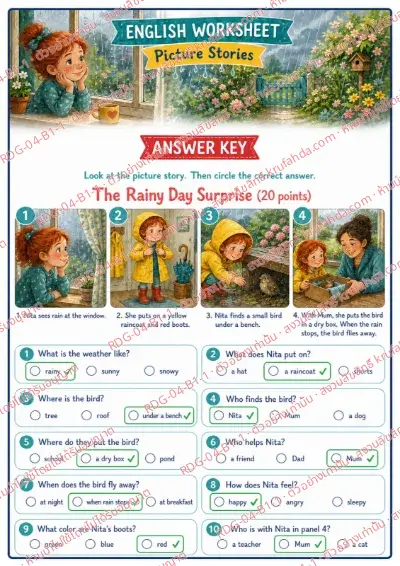 เฉลยใบงานภาษาอังกฤษ Picture Stories ป.1-3 คำสั่งภาษาอังกฤษ - ดูเรื่องจากภาพแล้ววงกลมคำตอบที่ถูกต้อง พร้อมเฉลย