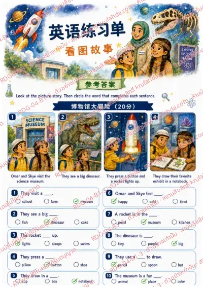 เฉลยใบงานภาษาอังกฤษ Picture Stories ป.1-3 คำสั่งภาษาจีน - ดูเรื่องจากภาพแล้วเลือกคำเติมประโยค พร้อมเฉลย