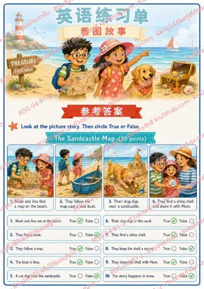 เฉลยใบงานภาษาอังกฤษ Picture Stories ป.1-3 คำสั่งภาษาจีน - ดูเรื่องจากภาพแล้วเลือกถูกหรือผิด พร้อมเฉลย