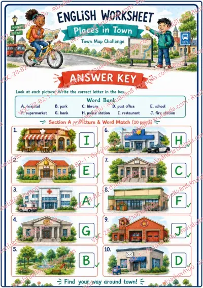 เฉลยใบงานภาษาอังกฤษ Places in Town ป.4-6 คำสั่งภาษาอังกฤษ - ดูภาพสถานที่แล้วเติมตัวอักษรจากคลังคำให้ตรงกับภาพ พร้อมเฉลย