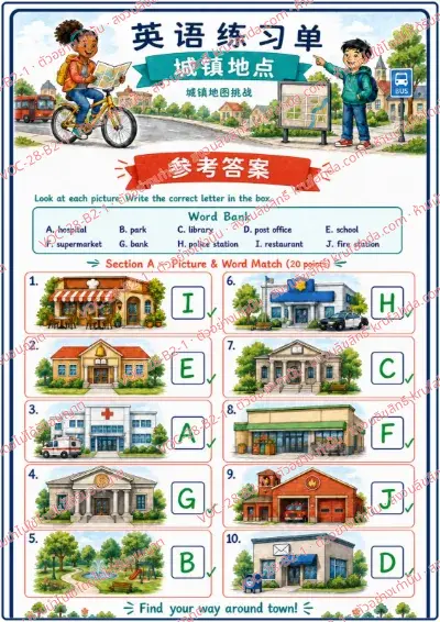 เฉลยใบงานภาษาอังกฤษ Places in Town ป.4-6 คำสั่งภาษาจีน - ดูภาพสถานที่แล้วเติมตัวอักษรจากคลังคำให้ตรงกับภาพ พร้อมเฉลย