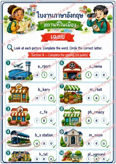 เฉลยใบงานภาษาอังกฤษ Places in Town ป.4-6 คำสั่งภาษาไทย - เติมตัวอักษรที่หายไปในชื่อสถานที่แล้ววงคำตอบที่ถูก พร้อมเฉลย
