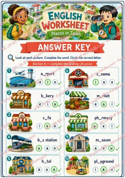 เฉลยใบงานภาษาอังกฤษ Places in Town ป.4-6 คำสั่งภาษาอังกฤษ - เติมตัวอักษรที่หายไปในชื่อสถานที่แล้ววงคำตอบที่ถูก พร้อมเฉลย