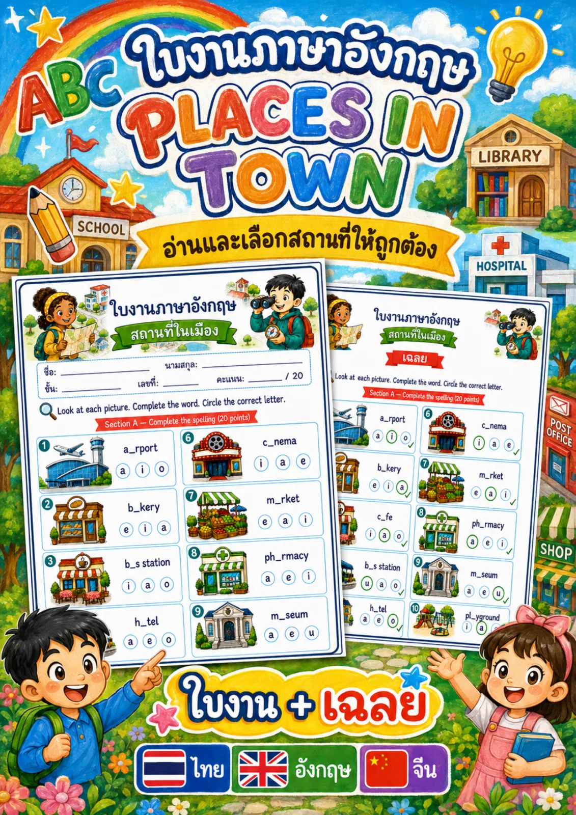 รูปหน้าปกของ ใบงานสถานที่ในเมือง เติมตัวอักษรที่หายไปในชื่อสถานที่แล้ววงคำตอบที่ถูก ระดับ ป.4–ป.6