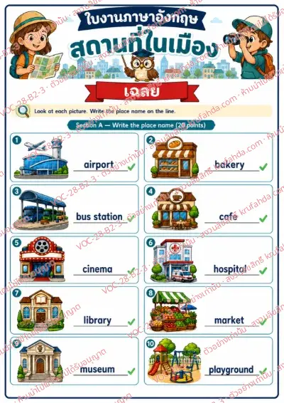 เฉลยใบงานภาษาอังกฤษ Places in Town ป.4-6 คำสั่งภาษาไทย - ดูภาพแล้วเขียนชื่อสถานที่ในเมืองเป็นภาษาอังกฤษ พร้อมเฉลย