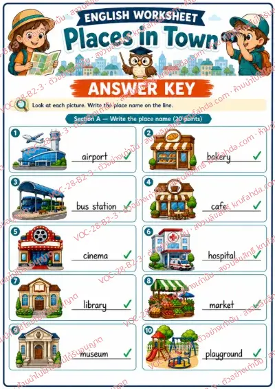 เฉลยใบงานภาษาอังกฤษ Places in Town ป.4-6 คำสั่งภาษาอังกฤษ - ดูภาพแล้วเขียนชื่อสถานที่ในเมืองเป็นภาษาอังกฤษ พร้อมเฉลย