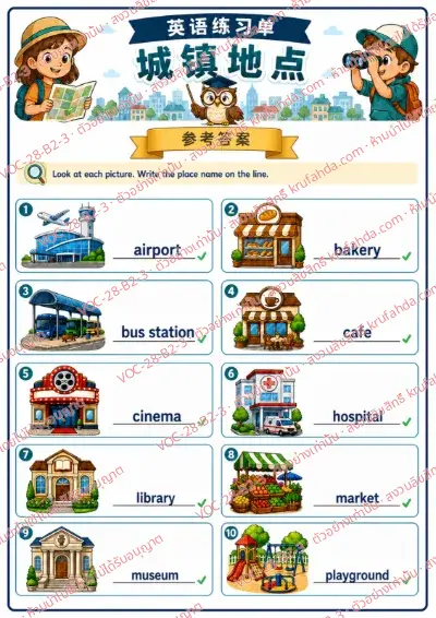 เฉลยใบงานภาษาอังกฤษ Places in Town ป.4-6 คำสั่งภาษาจีน - ดูภาพแล้วเขียนชื่อสถานที่ในเมืองเป็นภาษาอังกฤษ พร้อมเฉลย