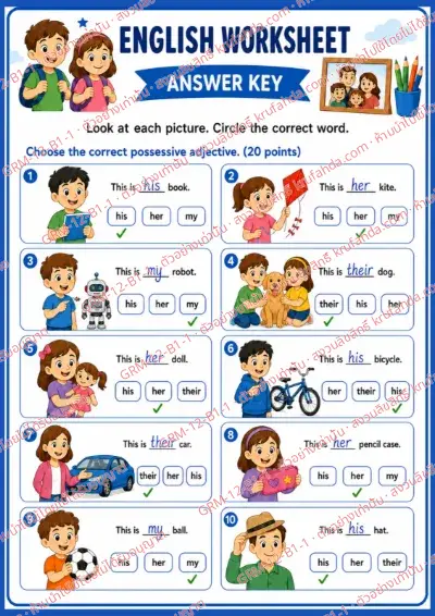 เฉลยใบงานภาษาอังกฤษ Possessive Adjectives ป.1-3 คำสั่งภาษาอังกฤษ - ดูภาพแล้ววงกลมคำแสดงความเป็นเจ้าของที่ถูกต้อง พร้อมเฉลย
