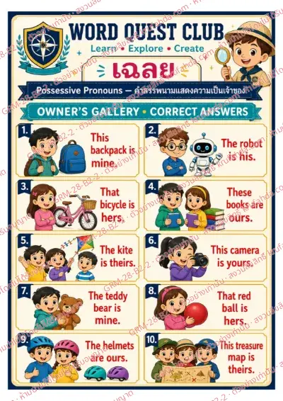 เฉลยใบงานภาษาอังกฤษ Possessive Pronouns ป.4-6 คำสั่งภาษาไทย - ดูป้ายเจ้าของแล้วเติม mine his hers ours หรือ theirs ลงในช่องว่าง พร้อมเฉลย