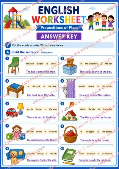 เฉลยใบงานภาษาอังกฤษ Prepositions of Place ป.1-3 คำสั่งภาษาอังกฤษ - เรียงคำให้เป็นประโยคที่ถูกต้องแล้วเขียนประโยค พร้อมเฉลย