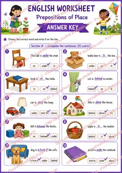เฉลยใบงานภาษาอังกฤษ Prepositions of Place ป.1-3 คำสั่งภาษาอังกฤษ - เลือกคำบอกตำแหน่งแล้วเขียนลงในบรรทัด พร้อมเฉลย