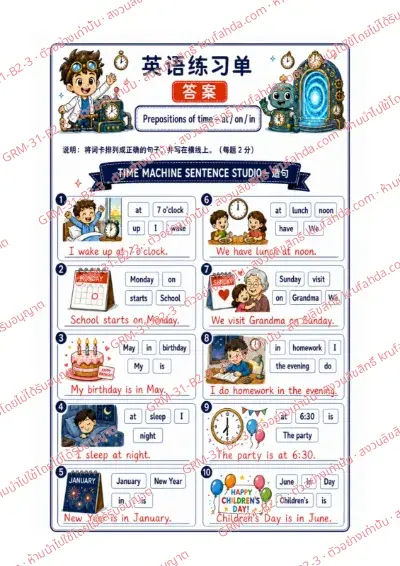 เฉลยใบงานภาษาอังกฤษ Prepositions of Time ป.4-6 คำสั่งภาษาจีน - เรียงบัตรคำเป็นประโยคที่มี at on in แล้วเขียนลงบนเส้น พร้อมเฉลย