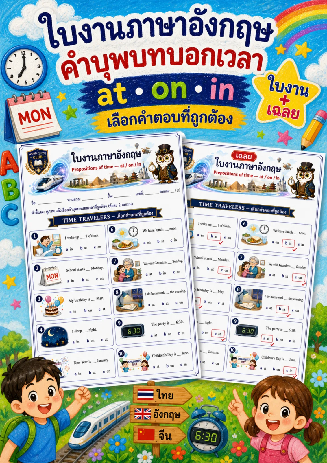 รูปหน้าปกของ ใบงานคำบุพบทบอกเวลา ดูภาพแล้วเลือก at on หรือ in ที่ถูกต้อง ระดับ ป.4–ป.6