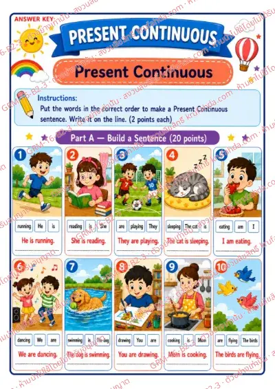 เฉลยใบงานภาษาอังกฤษ Present Continuous ป.4-6 คำสั่งภาษาอังกฤษ - เรียงคำให้เป็นประโยค Present Continuous แล้วเขียนลงบนเส้น พร้อมเฉลย