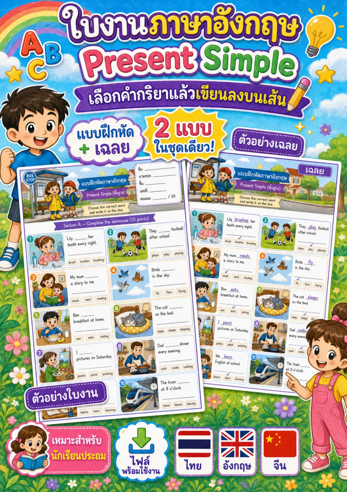 รูปหน้าปกของ ใบงานไวยากรณ์Present Simple พื้นฐาน เลือกคำที่ถูกต้องแล้วเขียนลงในบรรทัด ระดับ ป.1–ป.3