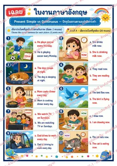 เฉลยใบงานภาษาอังกฤษ Present Simple vs Continuous ป.4-6 คำสั่งภาษาไทย - เลือกประโยคที่ถูกต้องให้ตรงกับภาพ พร้อมเฉลย