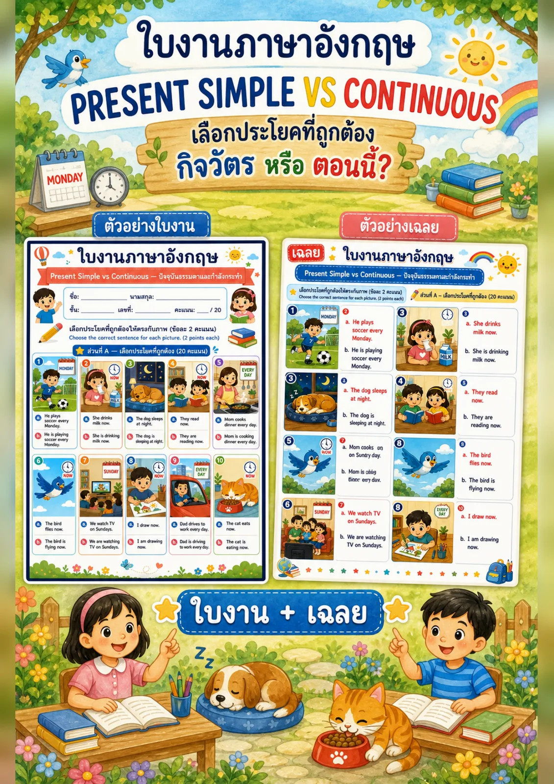 รูปหน้าปกของ ใบงานPresent Simple กับ Continuous เลือกประโยคที่ถูกต้องให้ตรงกับภาพ ระดับ ป.4–ป.6