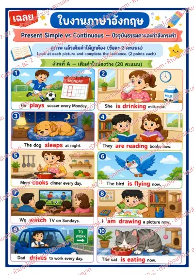 เฉลยใบงานภาษาอังกฤษ Present Simple vs Continuous ป.4-6 คำสั่งภาษาไทย - ดูภาพแล้วเติมคำให้ถูกต้อง พร้อมเฉลย