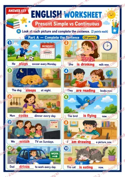 เฉลยใบงานภาษาอังกฤษ Present Simple vs Continuous ป.4-6 คำสั่งภาษาอังกฤษ - ดูภาพแล้วเติมคำให้ถูกต้อง พร้อมเฉลย