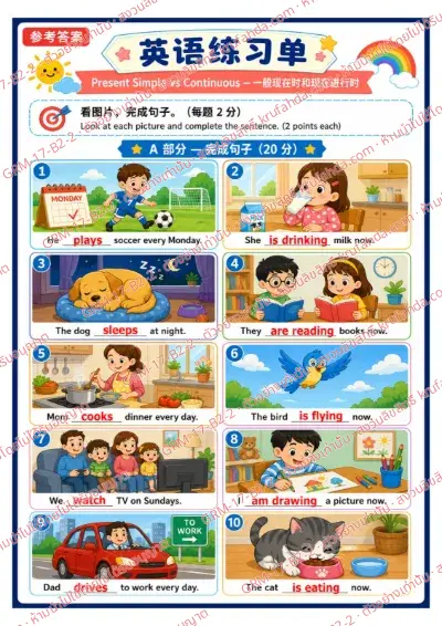 เฉลยใบงานภาษาอังกฤษ Present Simple vs Continuous ป.4-6 คำสั่งภาษาจีน - ดูภาพแล้วเติมคำให้ถูกต้อง พร้อมเฉลย